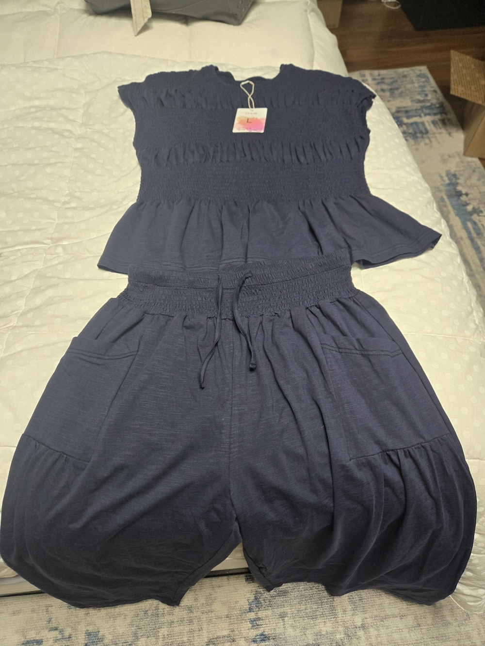 Smocked Waist Navy Pants Set - Women